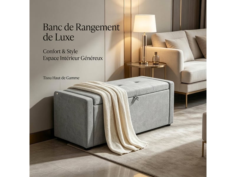  Banc de rangement gris clair 122 cm avec coffre, bout de lit aspect lin  - Conforama B