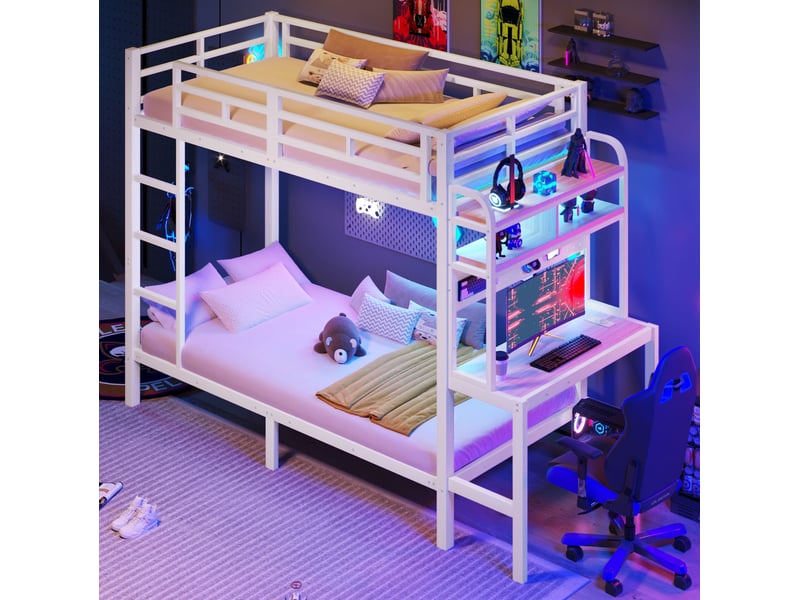  Lit superposé enfant 90 x 200 cm avec bureau, led, usb, métal et mdf, blanc  - Conforama D