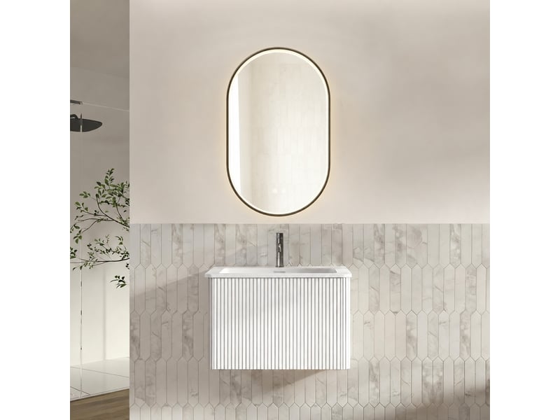  Ensemble meuble vasque suspendu 60 cm avec miroir led, façade rainurée blanche  - Conforama B