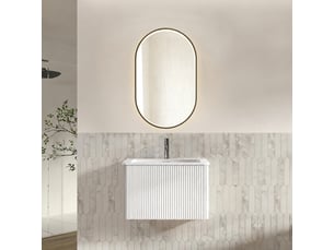 Ensemble meuble vasque suspendu 60 cm avec miroir led, façade rainurée blanche
