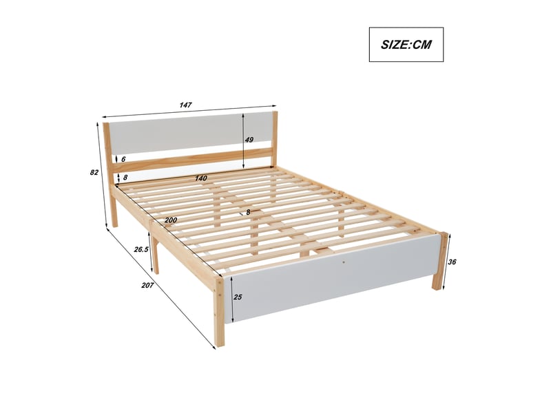  Lit double en bois 140x200 cm, cadre en pin avec pied central, lit enfant, lit adulte avec tête et pied de lit en mdf, blanc+naturel  - Conforama D