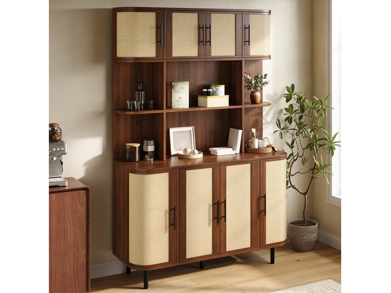  Buffet haut de rangement avec 8 portes et niches ouvertes, façades tressées, poignées noires pour salon en mdf noyer  - Conforama E