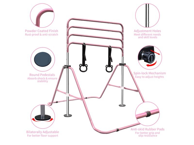 Barre de gymnastique enfant réglable 99,06 x 144,78 x 129,54 cm – rose – pliable, anneaux inclus - Conforama C