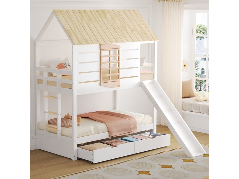  Lit superposé cabane enfant 90x200 cm avec toit à pignon, fenêtre en forme de cœur, toboggan, échelle et 2 tiroirs, pin et mdf, blanc et naturel OPULERANE TRADING LTD - Conforama B