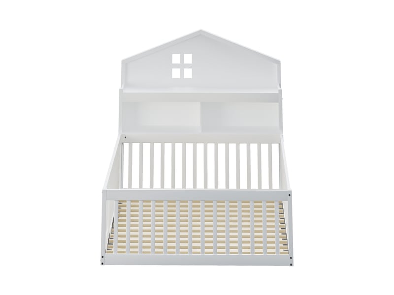  Lit enfant 140x200cm,lit avec rangement,lit au sol en bois massif avec étagères,clôture,petite porte et tableau noir derrière,blanc lit enfant blanc - Conforama D