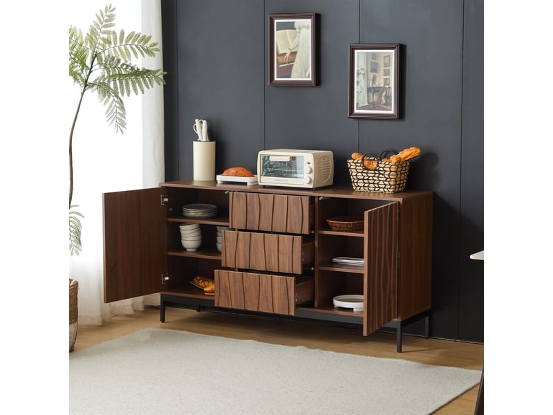 Buffet 150 cm chêne foncé, meuble de rangement 3 tiroirs, design à lattes, pour cuisine et salon - Conforama R