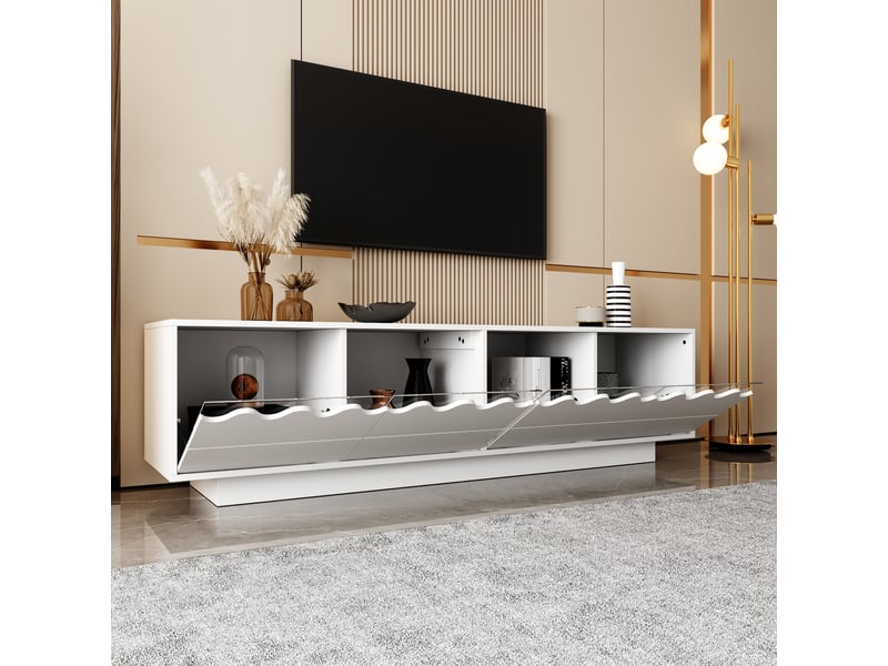  Meuble tv moderne 4 portes design ondulé, étagères en verre trempé, pour salon, 170 x 40 x 45 cm  - Conforama E