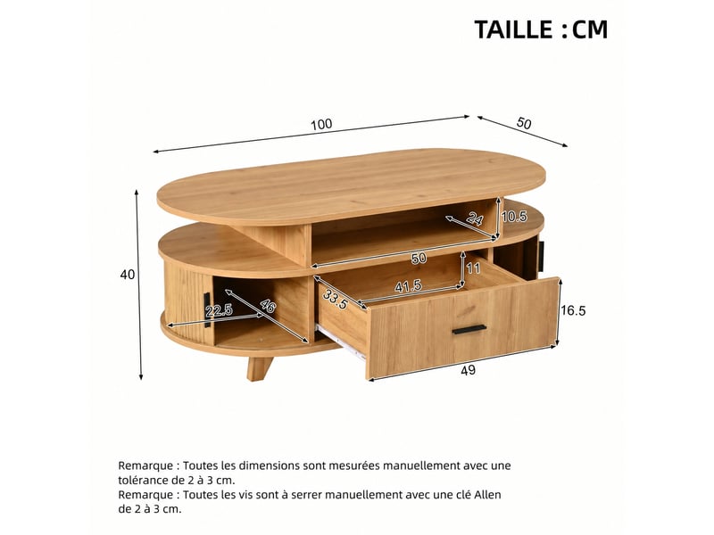  Table basse ovale avec rangement, effet bois naturel, 100 × 50 × 40 cm  - Conforama C