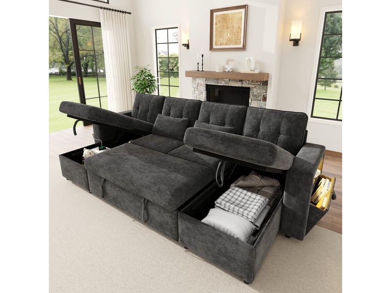  Canapé panoramique convertible en lit  273 cm, 4 places en u avec double méridienne, rangements, usbtype-c, éclairage led, 2 coussins, chenille, gris  - Conforama E