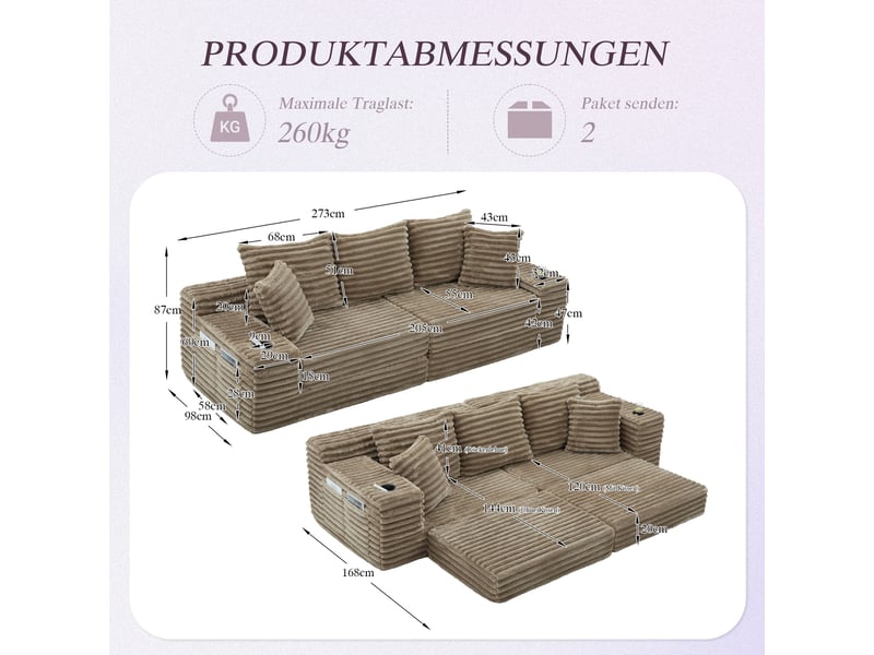  Canapé convertible 4 places en velours côtelé kaki, 273 x 98 x 87 cm, porte-gobelets, poches latérales, livré compressé, agencement modulable CARDUME ESTIVAL - Conforama C