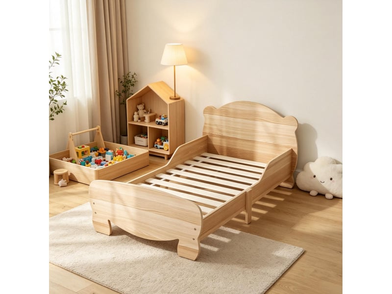 Lit enfant 70x140 cm avec barrières latérales et motif ours en mdf, coloris bois naturel - Conforama D