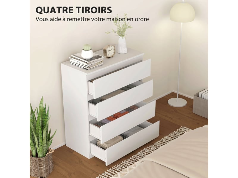  Commode 4 tiroirs, meuble de rangement épuré pour chambre, intérieur, 80 x 39 x 95 cm panneau de particules blanc  - Conforama E