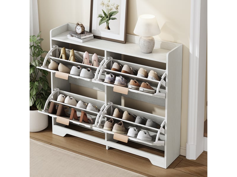 Rangement à chaussures 4 compartiments, façade en relief 3d, plateau dessus, gain de place, meuble d'entrée en bois blanc BUYDEEMEUS - Conforama B