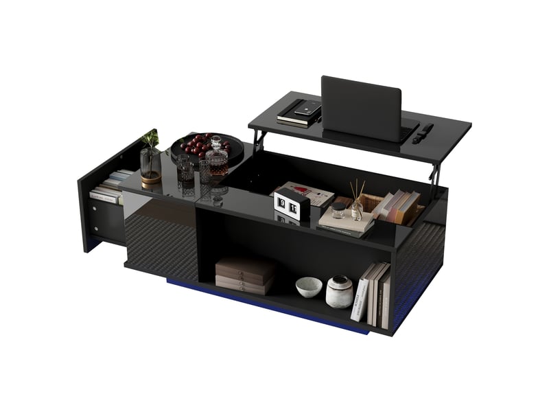 Table basse relevable noire 100x50cm avec rangement caché et led bluetooth - Conforama A
