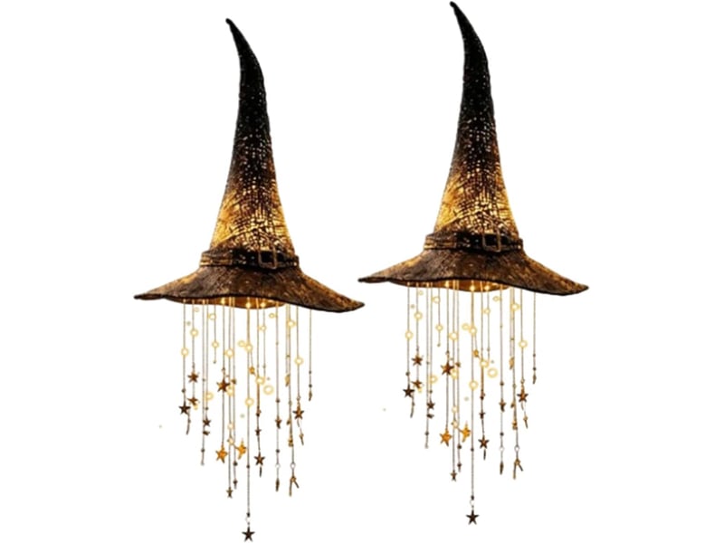  2 pièces décoration halloween suspendue, chapeau de sorcière lumineux led avec étoiles en cascade pour intérieur et extérieur  - Conforama A