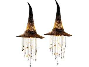 2 pièces décoration halloween suspendue, chapeau de sorcière lumineux led avec étoiles en cascade pour intérieur et extérieur