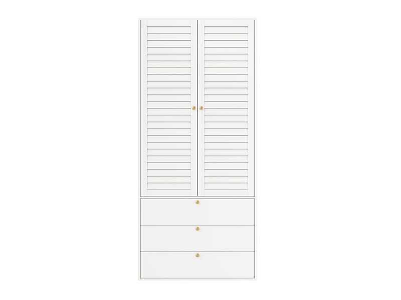  Armoire chambre 90x50x200 cm, penderie dressing avec 2 portes persiennes et 3 tiroirs, en panneau de particules style contemporain, blanc  - Conforama A