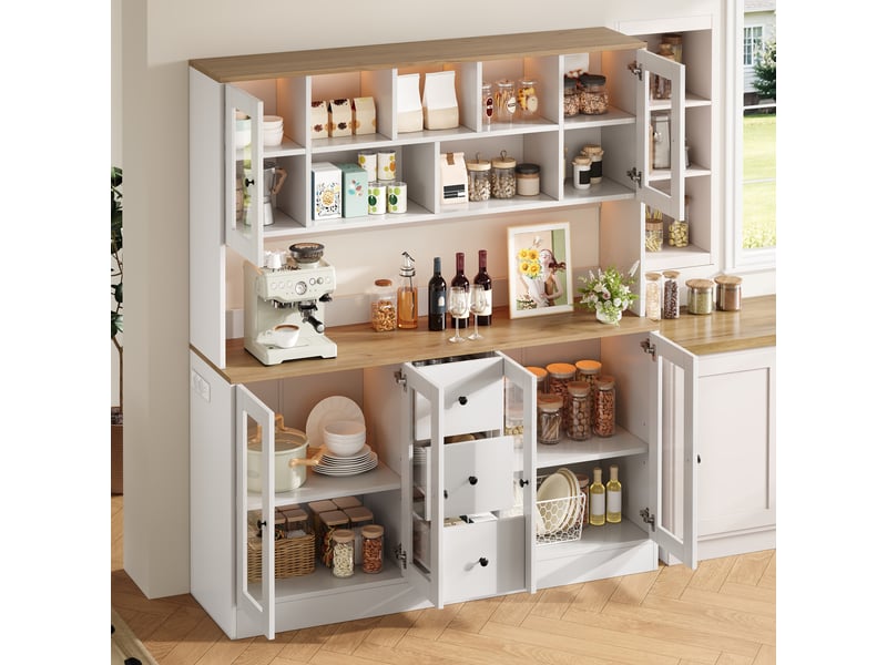 Buffet de cuisine 150x40x173cm avec plan de travail, 3 tiroirs, portes vitrées acryliques, led rgb, prises électriques et usb, mdf - bois naturel - Conforama D