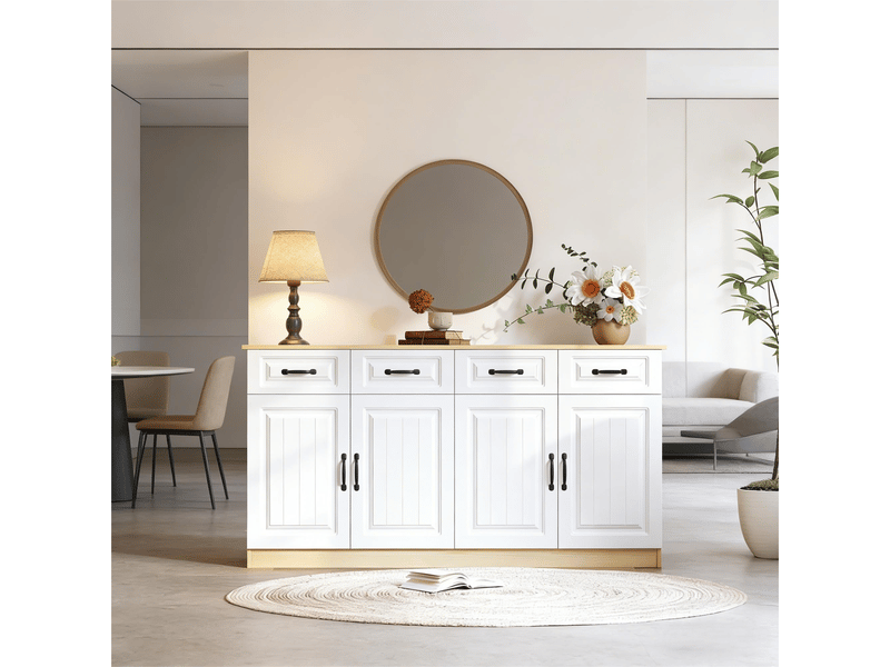  Buffet - 160x35x80cm - buffet basse de salon avec 4 tiroirs, 4 portes battantes &amp; étagères - blanc &amp; bois naturel  - Conforama D