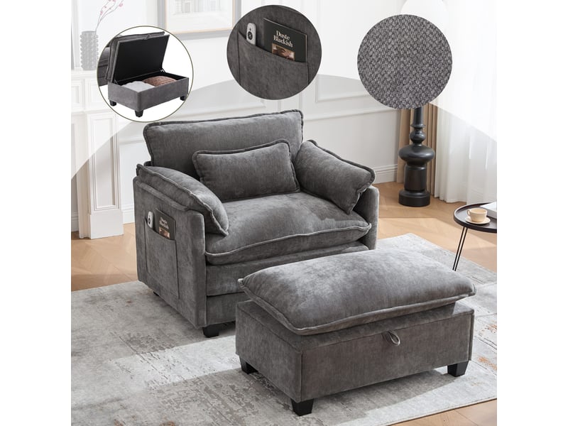  Fauteuil large avec pouf coffre en chenille gris, coussin et poches latérales, assise 1 place IKSETERA TRADING LTD - Conforama D