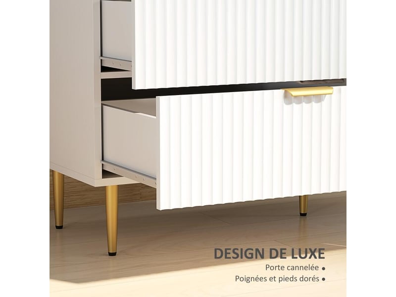  Commode 6 tiroirs commode chambre meuble de rangement moderne avec poignées et pieds dorés, 120 x 40 x 76,5 cm, blanc  - Conforama E
