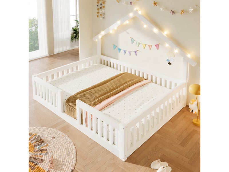 Lit cabane enfant 140 x 200 cm avec barrières de sécurité et guirlande led, blanc  - Conforama D