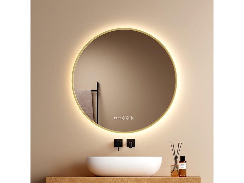  Emke miroir de salle de bain led rond 70x70 cm cadre or brossé, anti-buée, horloge, tactile, température de couleur et luminosité réglables  - Conforama B
