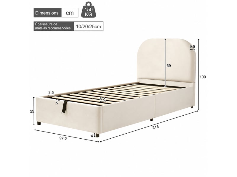  Lit coffre 90x200 cm - lit simple avec sommier à lattes et tête de lit capitonnée, rangement hydraulique inclus, sans matelas, velours beige  - Conforama C