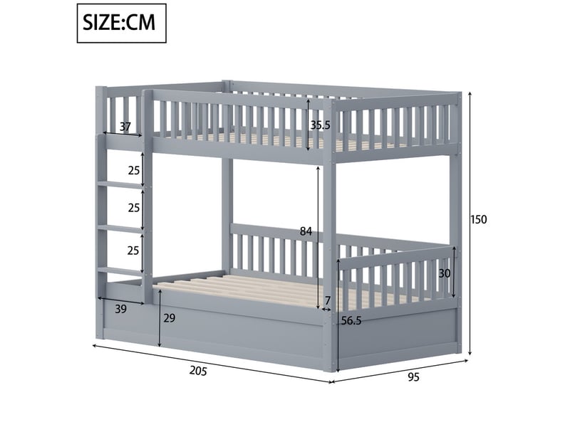 Lit superposé 90 x 200 cm en bois massif avec système de rangement hydraulique, robuste et durable, ​​gris  - Conforama C