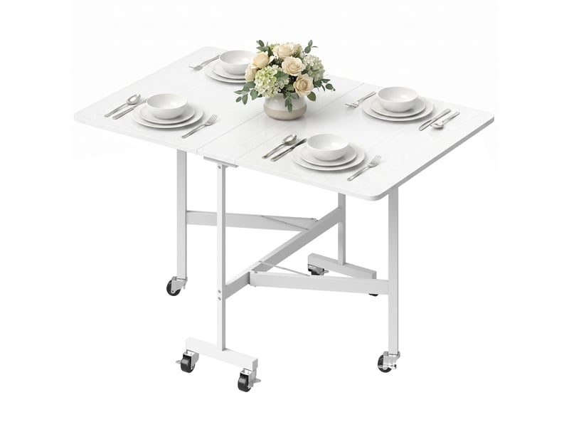  Table pliable 6 personnes - table à rabat mobile 6 roulettes - acier blanc effet bois blanc  - Conforama E