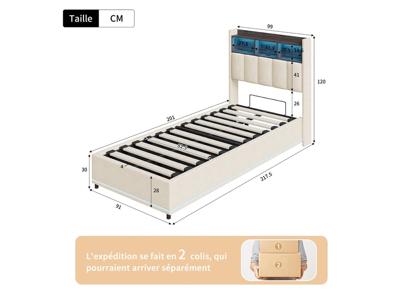  Lit 90x200cm  -  lit coffre 90x200cm  avec led - tête de lit avec rangement et éclairage - velours - beige - sans matelas  - Conforama E
