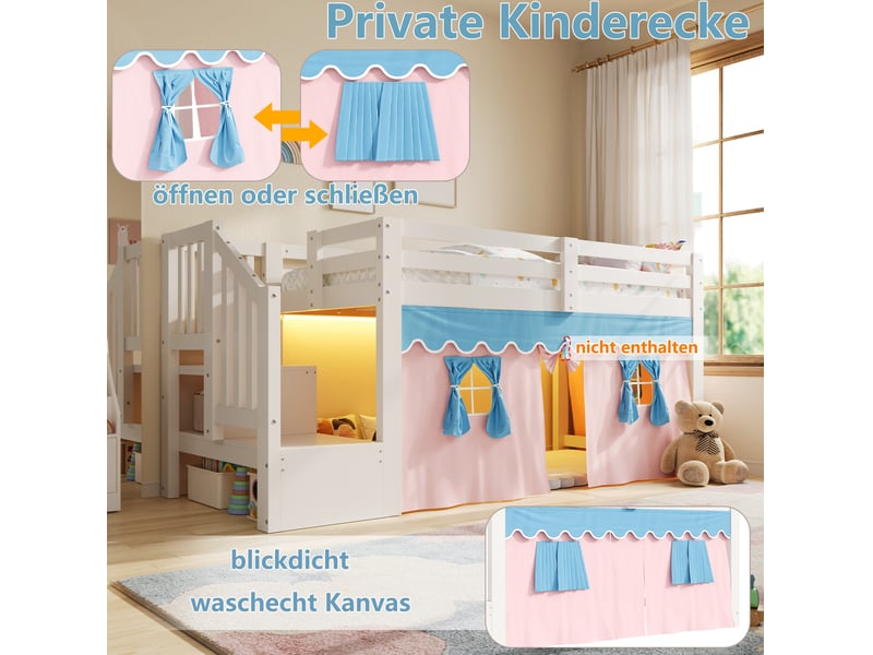  Lit mi-hauteur enfant 90 × 200 cm 1 place avec armoire-échelle, rideaux occultants et led réglable, sans matelas, blanc  - Conforama E