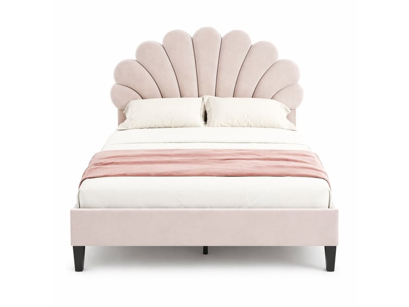 Lit double capitonné 200×140 cm avec tête de lit en forme de fleur et sommier à lattes, sans matelas, en velours beige - Conforama A