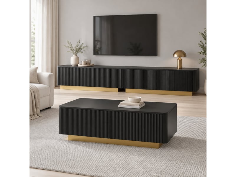 Meuble tv et table basse avec rangements, façades rainurées et socles dorés en mdf et panneaux de particules pour salon - Conforama B