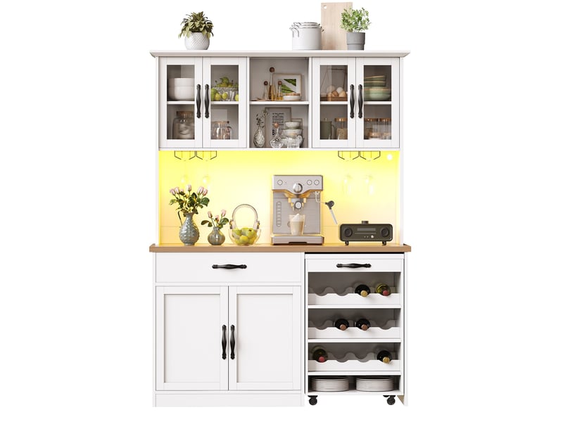  Buffet de cuisine haut led avec 4 portes vitrées, tiroir, range-verres et chariot amovible, 140 × 38 × 180 cm  - Conforama A