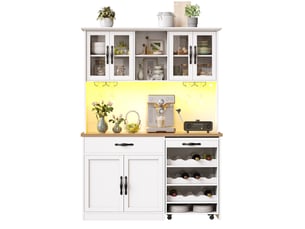 Buffet de cuisine haut led avec 4 portes vitrées, tiroir, range-verres et chariot amovible, 140 × 38 × 180 cm