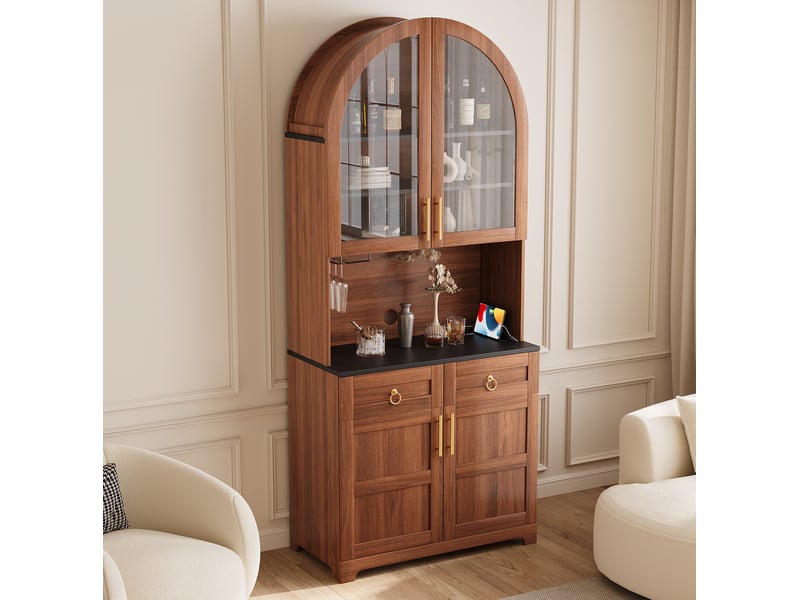 Buffet haut 80x40x180 cm avec led et prises usb,4 portes et 2 tiroirs coloris noyer - Conforama D