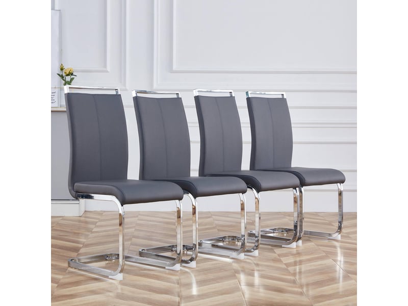  Lot de 4 chaises cantilever 42x54x100 cm, salle à manger, salon, cuisine, dossier haut, pieds métal chromé, assise pu grise  - Conforama E