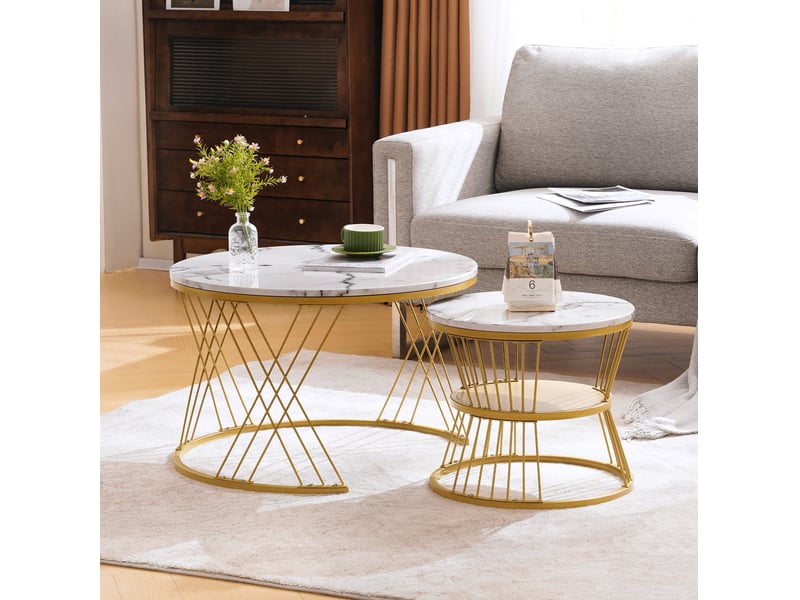  Lot de 2 tables basses gigognes rondes 70x70x45 cm et 45x45x40 cm, blanc et doré  - Conforama D