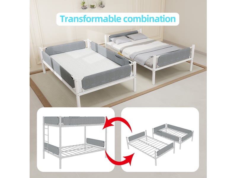  Lit superposé 90x190 cm séparable en 2 lits simples, barrières amovibles en lin, structure en fer blanc sans matelas  - Conforama D