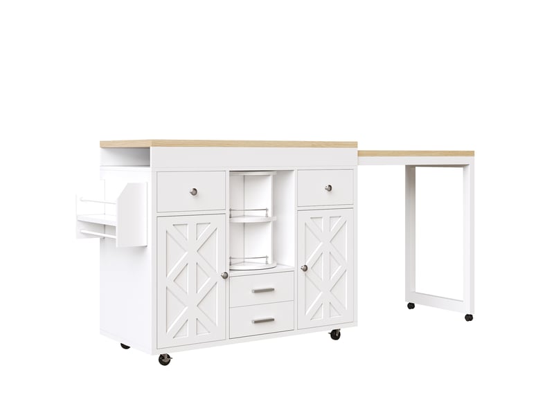  Table de bar extensible en mdf blanc, chariot de cuisine à roulettes avec plateau réglable 110-180 cm et rangements, pour salle à manger  - Conforama A