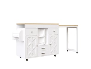 Table de bar extensible en mdf blanc, chariot de cuisine à roulettes avec plateau réglable 110-180 cm et rangements, pour salle à manger