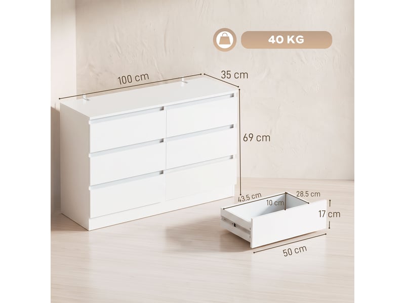  Commode à 6 tiroirs pour chambre et salon, 100 x 35 x 69 cm, blanche  - Conforama E