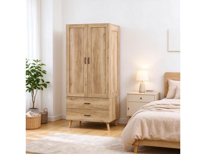  Armoire penderie 80x54x180 cm - 2 portes - 2 tiroirs - tringle - pieds en bois massif - panneaux - naturel CozyNest - Conforama D