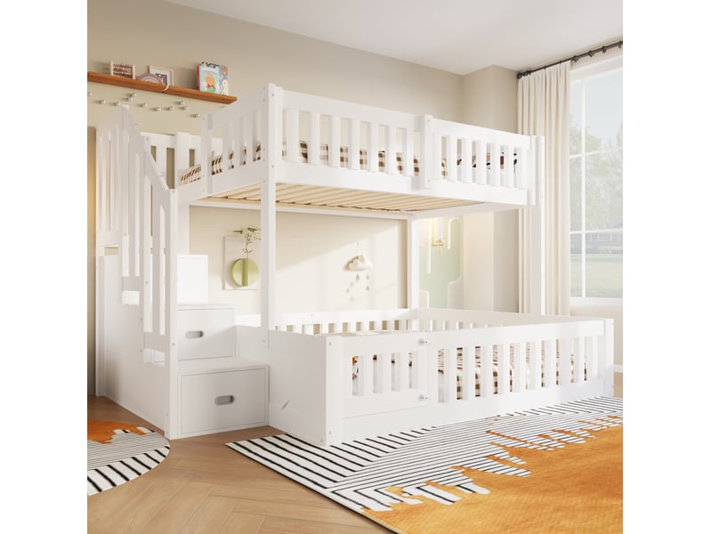  Lit superposé 90 × 200 et 140 × 200 cm avec escalier à rangements, barrières de protection et portillon, blanc  - Conforama E