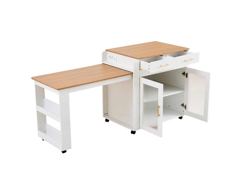 Îlot de cuisine 177x60x89,5 cm extensible avec rangement et prises, blanc - Conforama A