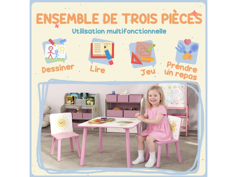 Table enfant avec chaise, ensemble table et 2 chaises enfant en bois, motifs d'étoile, 60 x 60 x 44 cm, rose - Conforama E