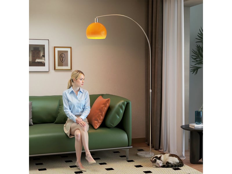  Lampadaire arqué avec interrupteur au pied, marbre, métal et plastique, 26 x 90 x 180 cm, blanc et orange  - Conforama C