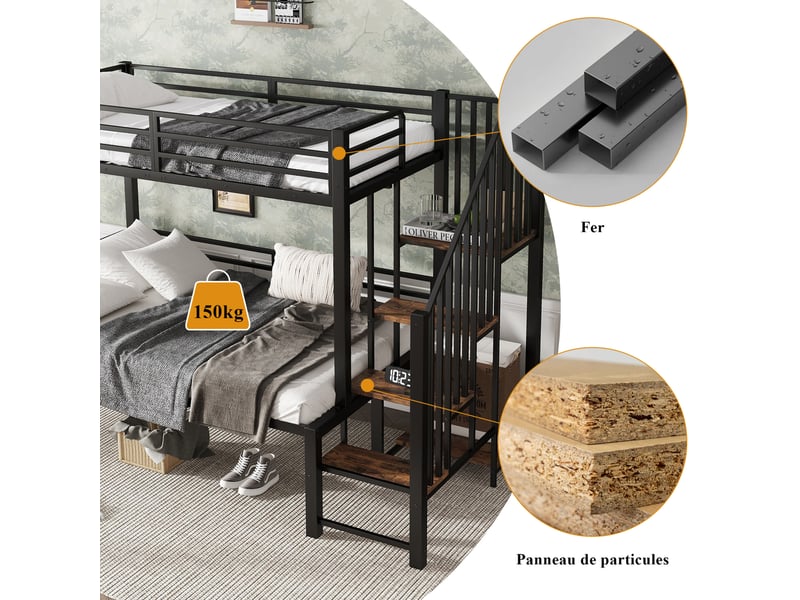  Lit superposé enfant 90x200120x200 cm – noir – escalier d’angle 4 marches avec rangement, sans matelas  - Conforama E