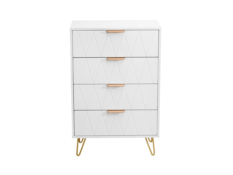  Commode 4 tiroirs style italo-scandinave - 60 x 34 x 90 cm-blanc - meuble de rangement vertical avec reliefs losanges et pieds dorés  - Conforama A
